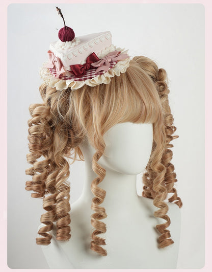 Sweet Lolita Pink Bow Ruffled Trim Red Cherry Triangular Cake Mini Hat