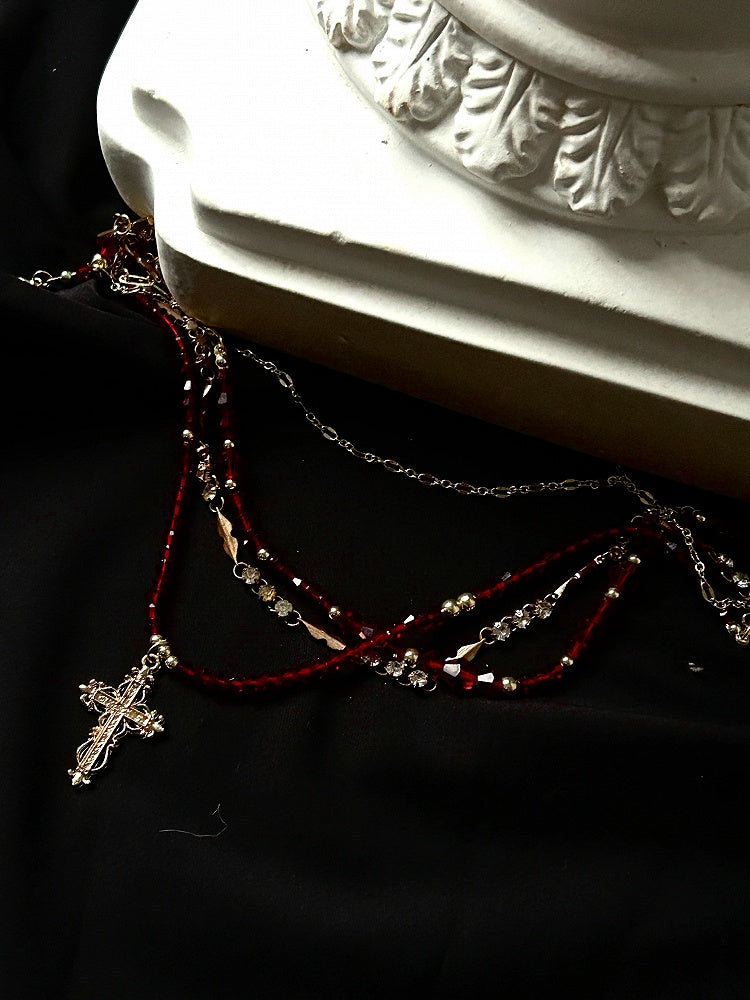 Rot/Weiße Gothic Lolita Halskette mit Kreuzanhänger