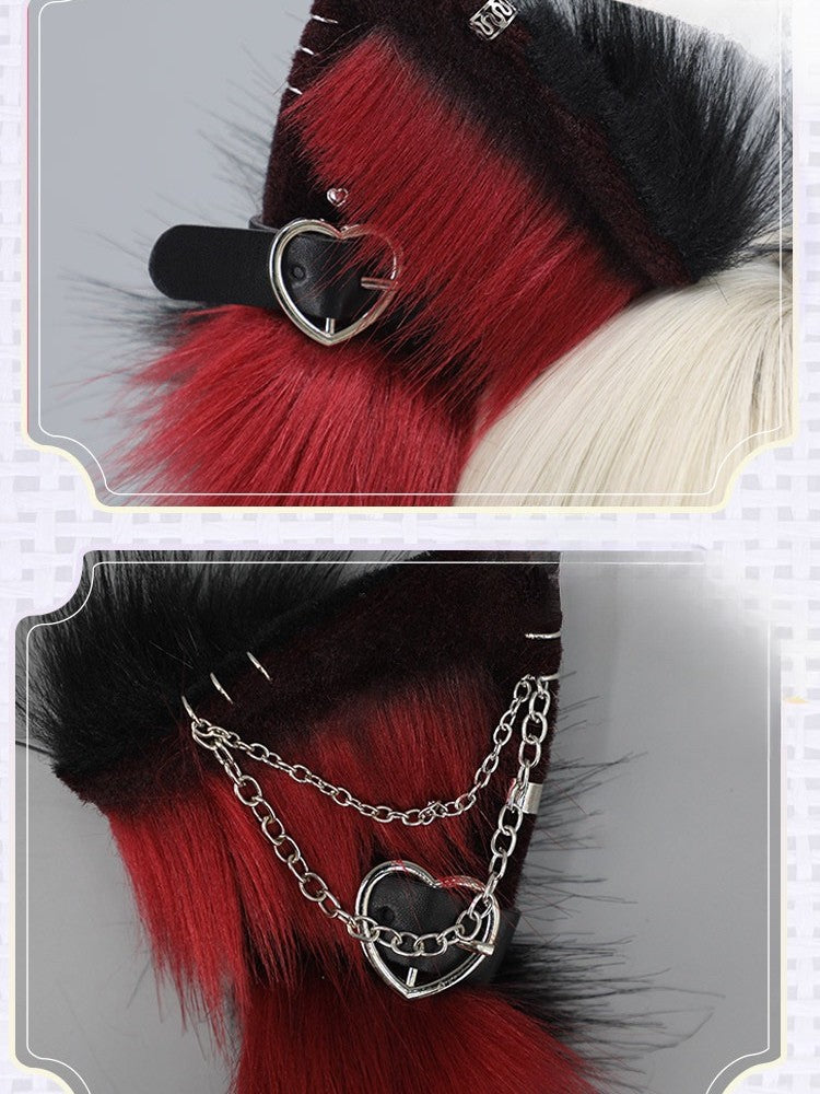 Lolita Shaggy Details BlackWhite/Gray/Red Punk Buckle Heart