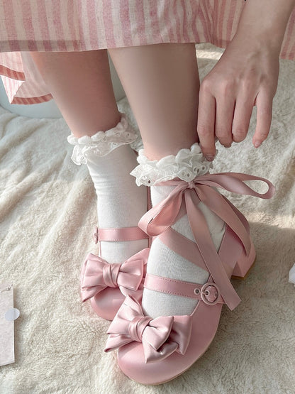 Pink Mary Toe Janes Top Balletcore Satin - Bow Round at Lace-up Ankle
