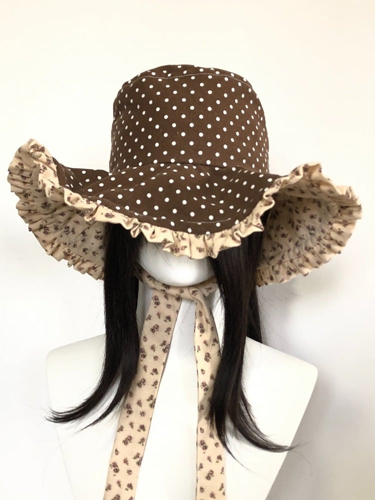 Brown Polka Dot Ruffle Bucket Hat Floral - freetrader