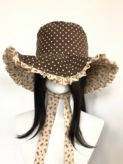 Brown Polka Dot Ruffle Bucket Hat Floral - freetrader