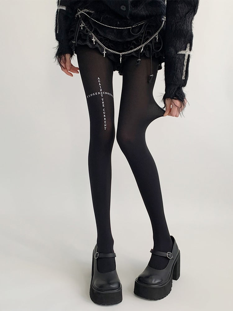 Print Text Black Tights Opaque Cross