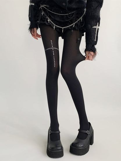 Print Text Black Tights Opaque Cross
