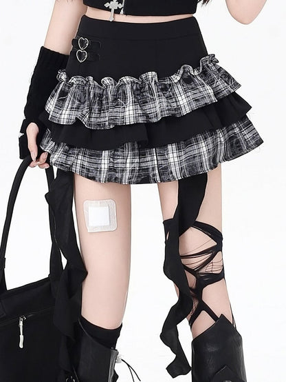 Buckles Ruffles Skirt Tiered Spicy Heart with White Cascading Sweet Mini Black Plaid