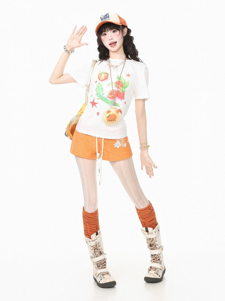 Casual Kawaii Orange Letter Print Drawstring Shorts - Languid Park