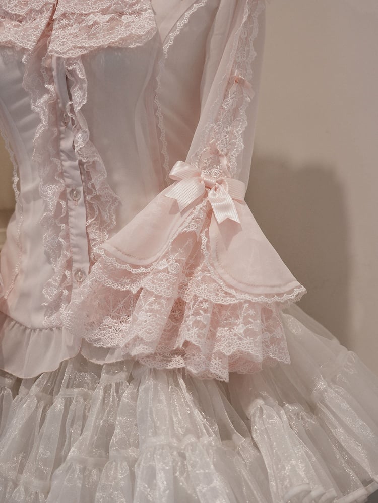 Small Pink Bows Ruffle Adorned Lolita Shirt 3/4 Sleeves Neckline