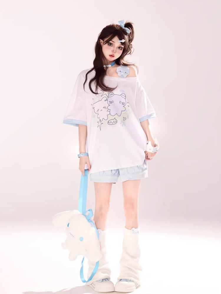 Elastic Waist Shorts Paw Embroidery Pink/Blue/Black Kitty