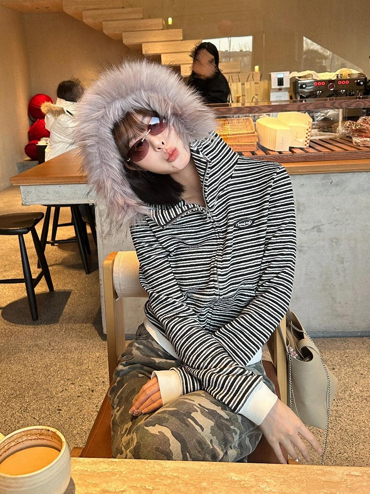 Hood White Fur Hoodie Plush Black with Striped