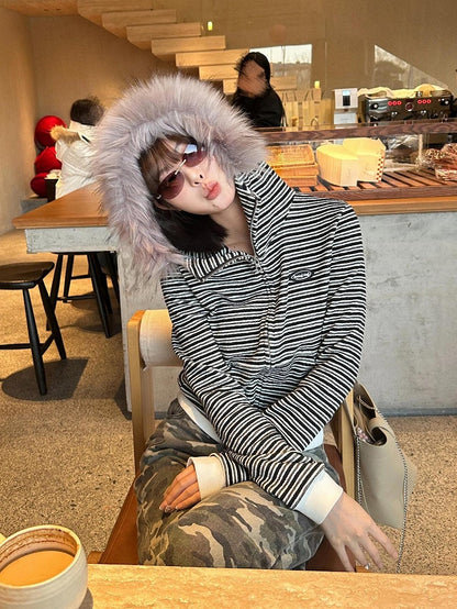 Hood White Fur Hoodie Plush Black with Striped