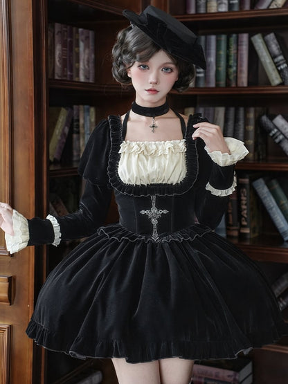Cross Version Juliette Boned Short Dress Lolita Black Sleeves Embroidery Waist