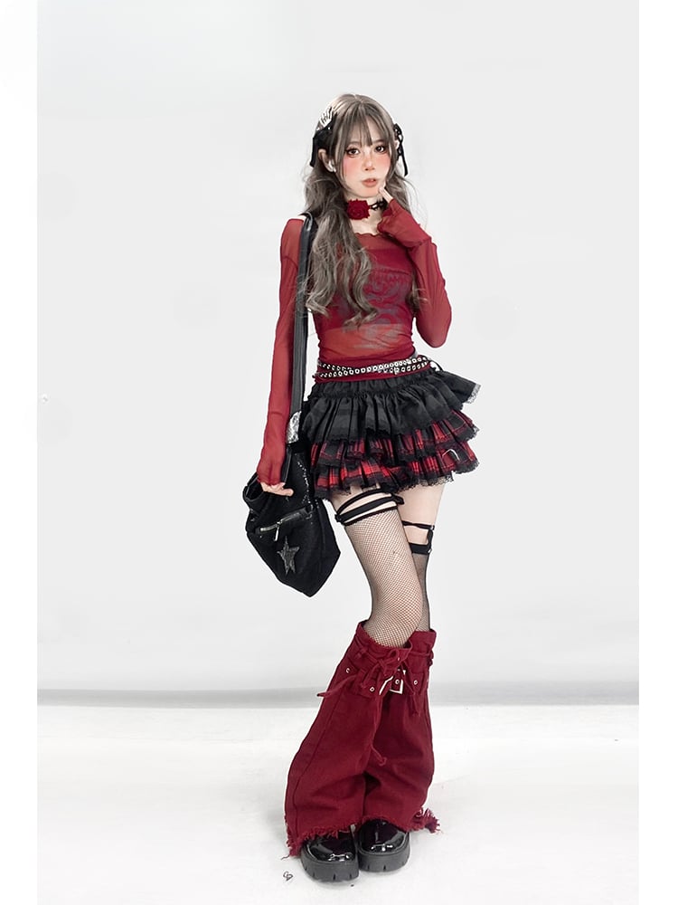 Y2K Redand ブラック チェック柄 レーストリム 太もも丈 裏地付き ティアードスカート