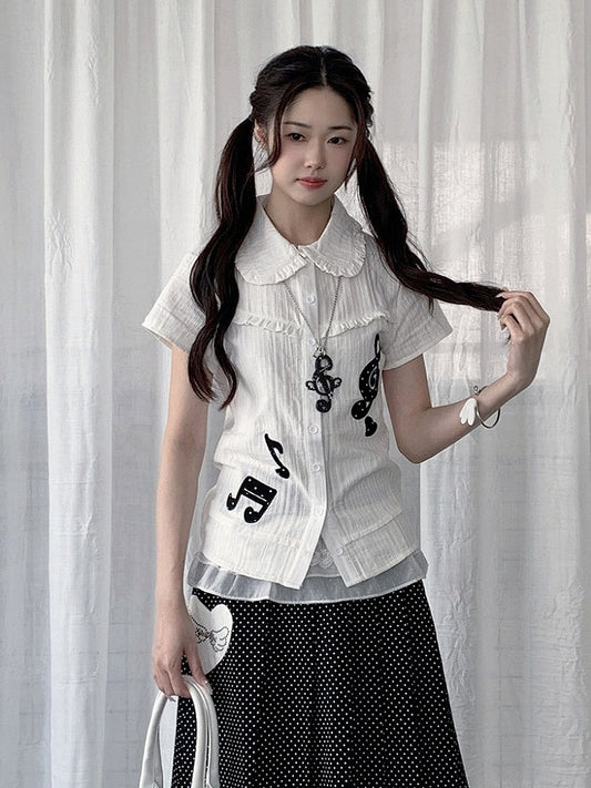 White Peter Pan Collar Ruffle Short Sleeve Top with Music Note Pattern - Solkatt