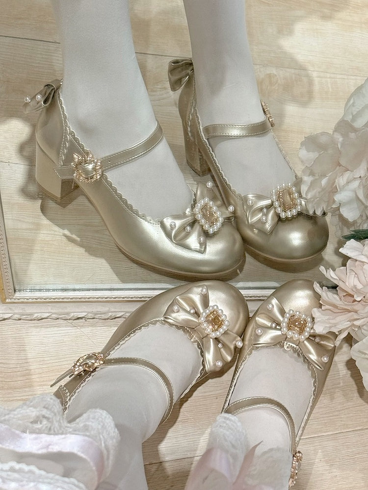 And Details Beaded Round Bowknot Mary Decorated Toe Rhinestone Janes Gold