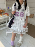 Hoodie Number White Print and with Dots Tiered Ruffles Dress Polka