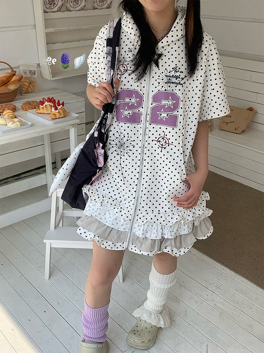 Hoodie Number White Print and with Dots Tiered Ruffles Dress Polka