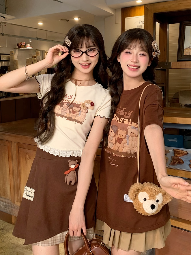 T-Shirt mit Teddybär-Print, Vintage-Manschetten und Spitzensaum, Aprikose
