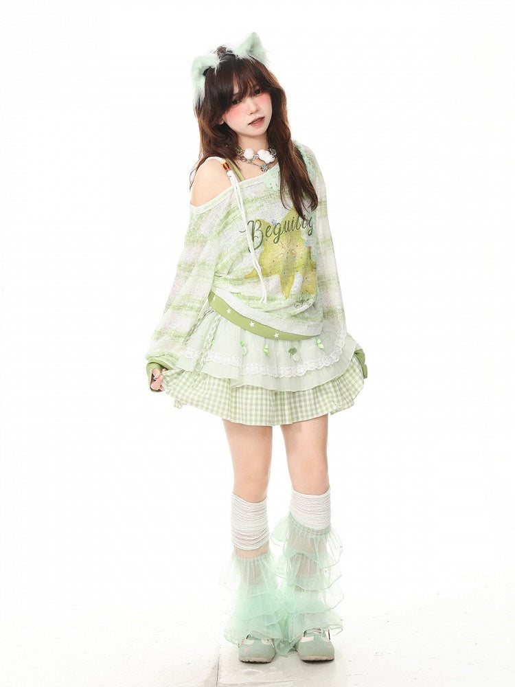 Green Off Shoulder Long Sleeve Top with Star Fruit Print & Rhinestone Details - Languid Park