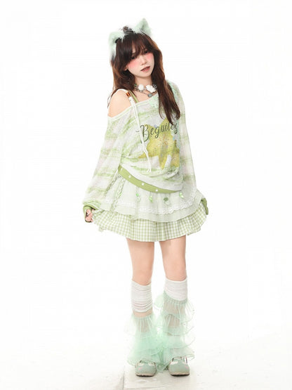 Green Off Shoulder Long Sleeve Top with Star Fruit Print & Rhinestone Details - Languid Park