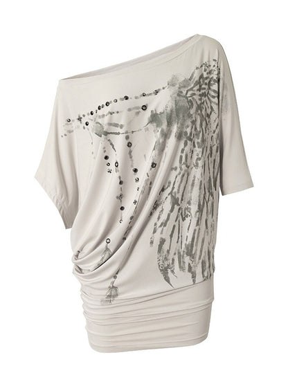 Asymmetrical Batwing Sleeve Bodycon Dress with Wing Print - NO ROMANCE