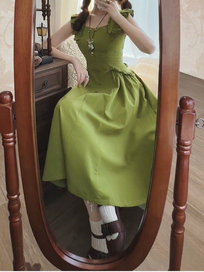 Robe d'été verte rétro à volants - Forest Wardrobe
