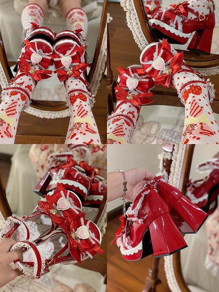- Bow Lolita High Closure Heels Details Heart Strawberry Modifiable Themed Sweet Block Red