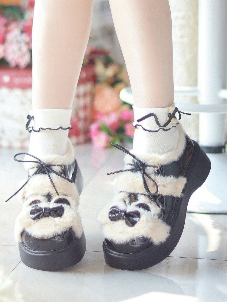 Black Theme Bear Lolita with Sweet Accents PU Ear Bow - Shoes Platform