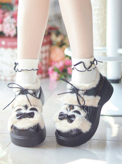 Black Theme Bear Lolita with Sweet Accents PU Ear Bow - Shoes Platform