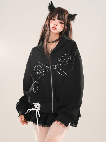 Black Rhinestone Bow Lace-up Detail Zip Hoodie