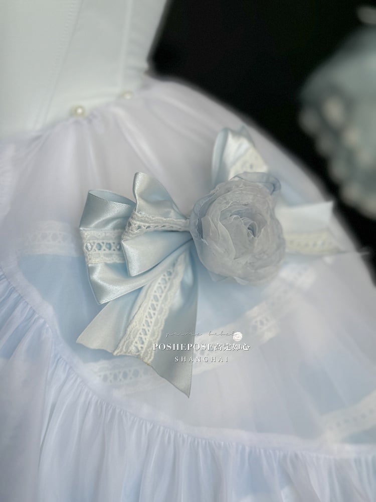 Blaues Balletcore-Trägerloses Puffkleid mit Taillenstäbchen und abnehmbarer Tüllschleppe