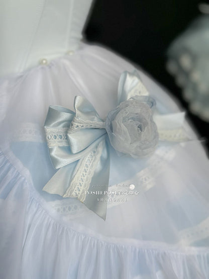 Blaues Balletcore-Trägerloses Puffkleid mit Taillenstäbchen und abnehmbarer Tüllschleppe