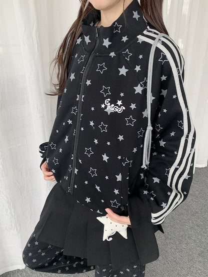2-Color Y2K Star Zip-Up Jacket with Stripe Pattern - Solkatt