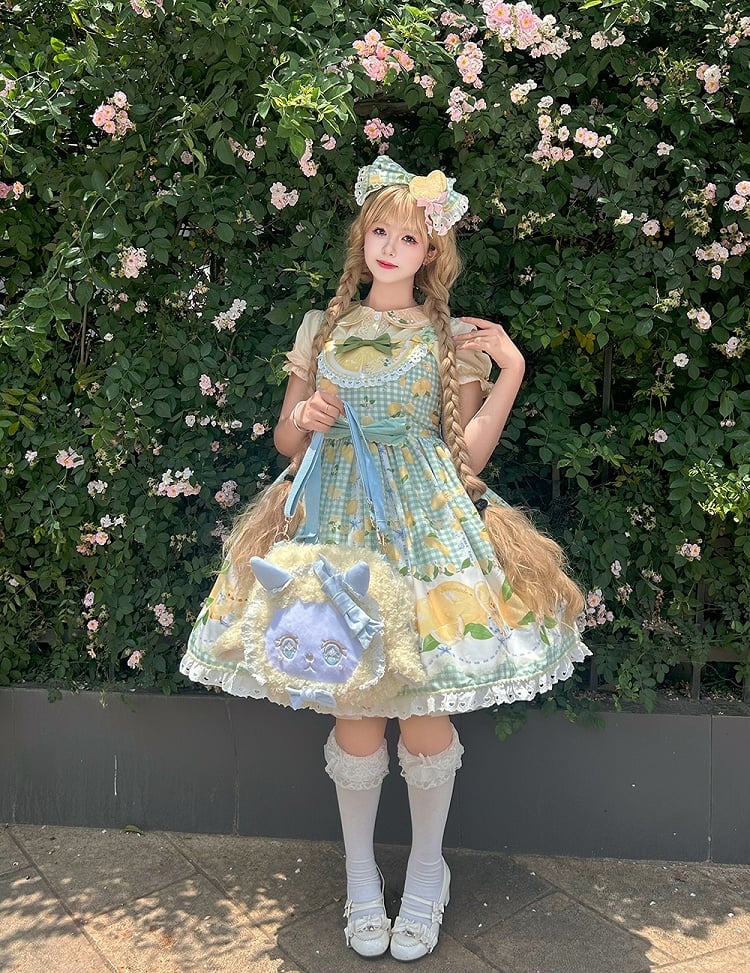Chick Lolita Waist High Print Green Gingham and Lemon Dress Sweet