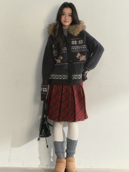 Collar Knit Sweater Button Vintage with Grey Fur Toggle