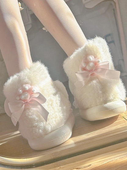 with Bow Shoes Plush Accents Sweet Off-white Lolita