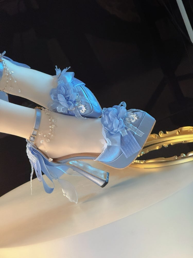 Light Blue Lolita Pumps with Floral Accents and Bead Chain - A Sky Rabbit