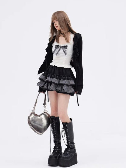 Slim-fitting Black Elastic Skirt Tiered Ruffles Glamorous Waist