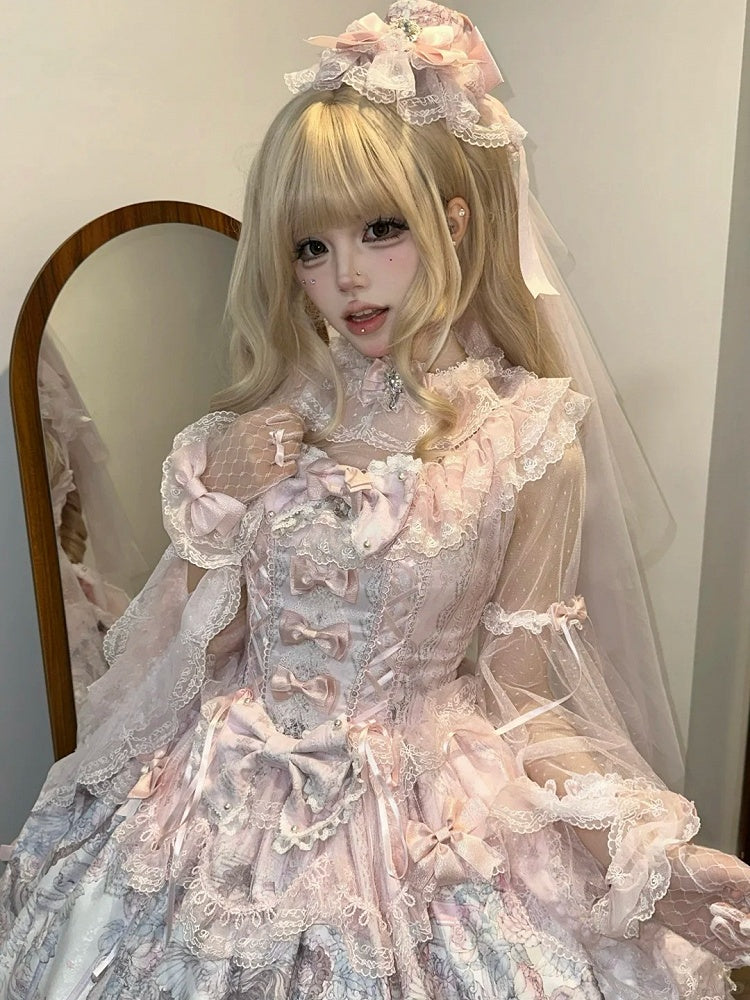 Sweet Pink Bowknot Hem Bear JSK Angel Dress with Decorated Print Lolita