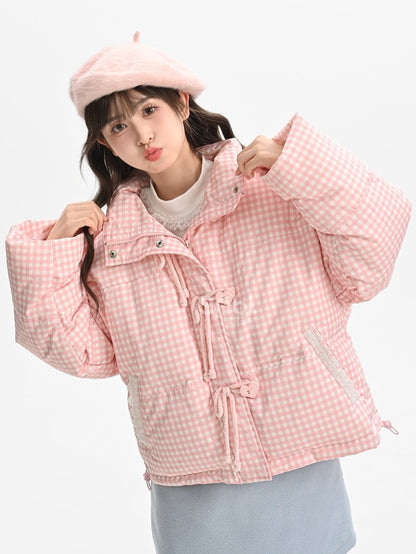 Pink Plaid Hooded Down Sweetheart Button Jacket