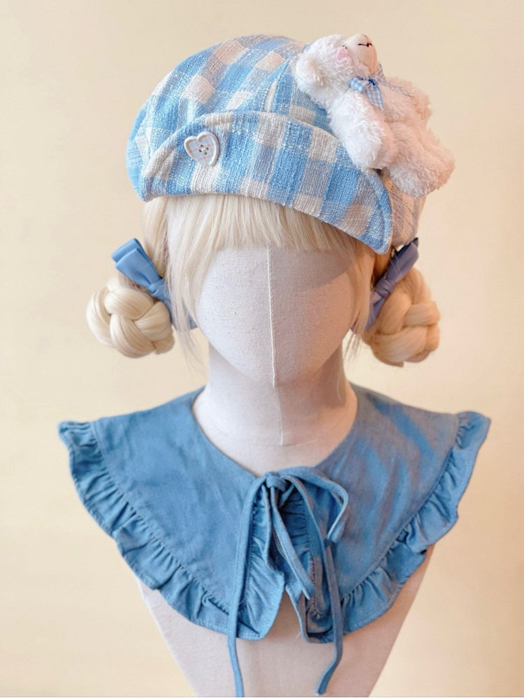 Doll Button Beret Mini Plaid Hat Bear White with Heart-Shaped Blue
