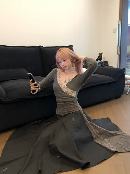 Lace Ankle-Length Cross Stitch Black/Dark Skirt with Gothic Gray Detailing Embroidered