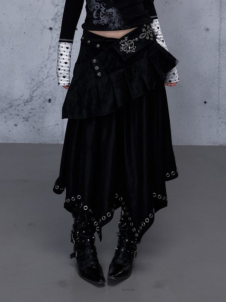 Black Asymmetrical Zipper Side Stud Skirt with 2-Way Grommet Rock Punk Accents Closure Tiered