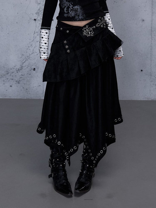 Black Asymmetrical Zipper Side Stud Skirt with 2-Way Grommet Rock Punk Accents Closure Tiered