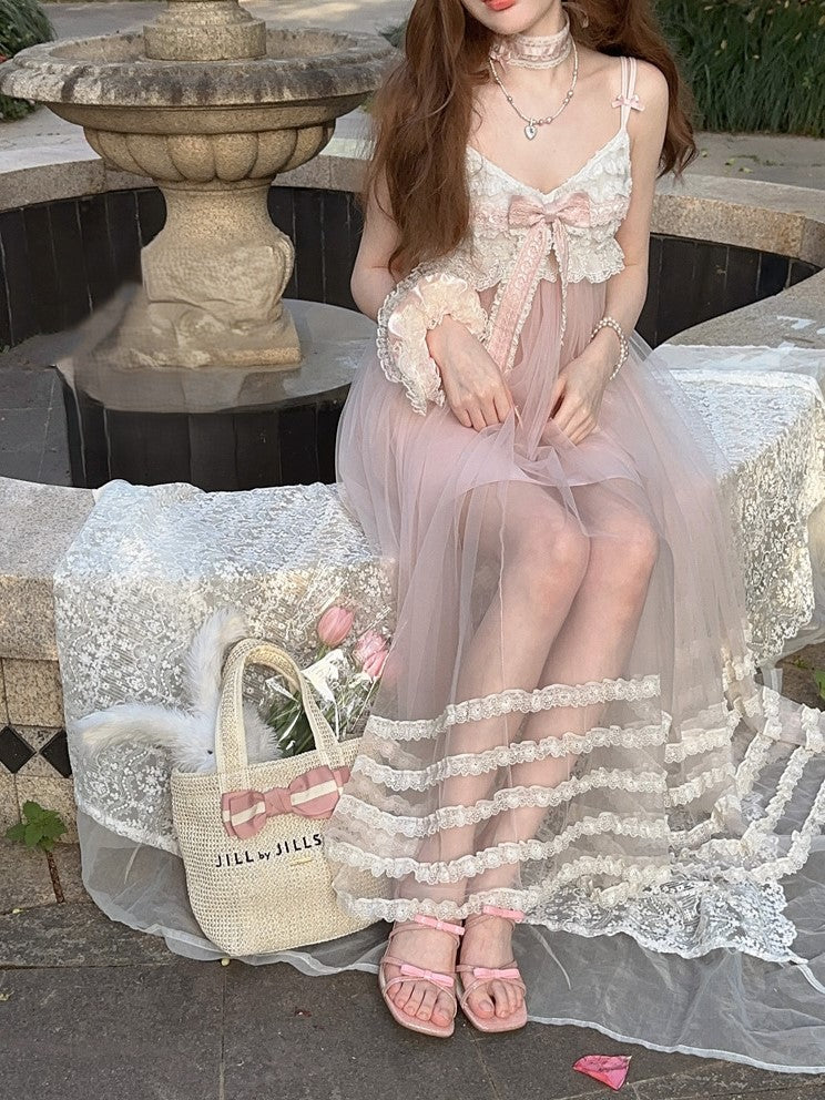 Rosa Länge Slip Spitzenkleid Rüschen Bowknot Tiered Knöchel mit