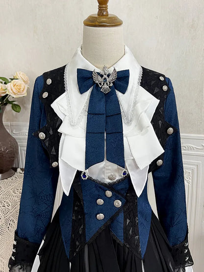 Lolita Ruffle Style Coat Ouji Hemline Web Blue Dark Fabric Cascading Spider Trim Prince