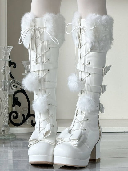 Boots - PU Cuff Charm Plush Closure Mid-heel Lace-up Creamy Pompon Knee-Length in White with