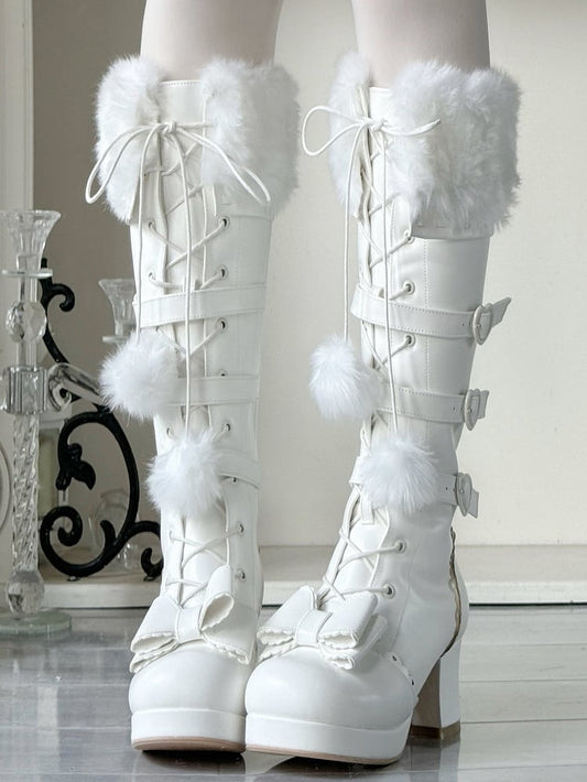 Boots - PU Cuff Charm Plush Closure Mid-heel Lace-up Creamy Pompon Knee-Length in White with
