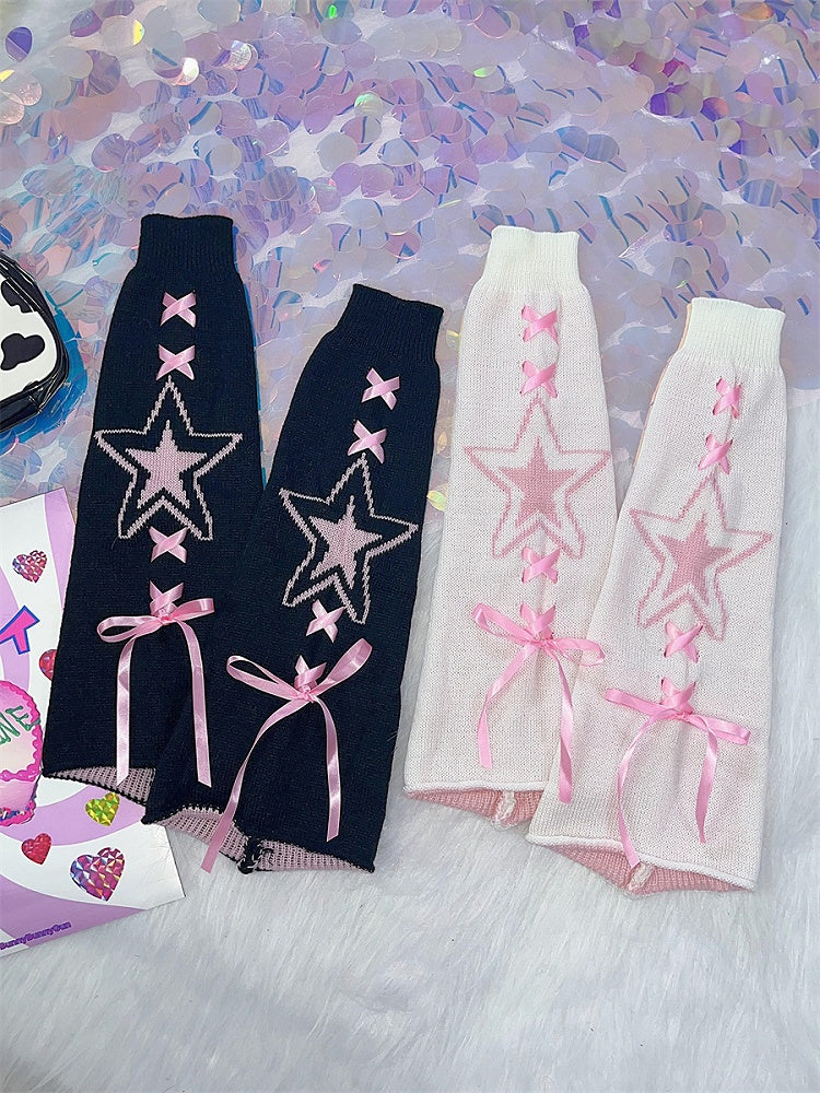 Black White Lace-up Detail Knitted Star Leg Warmers