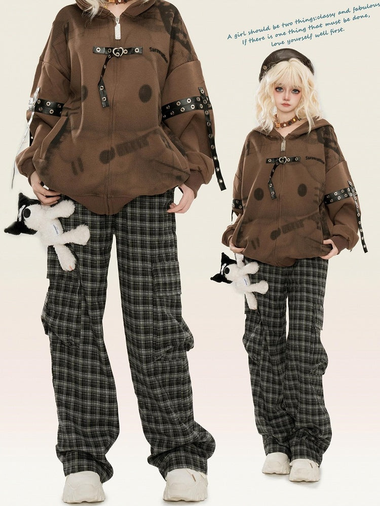 ブラックチェック柄カーゴポケットデザインストレートレッグカットパンツ