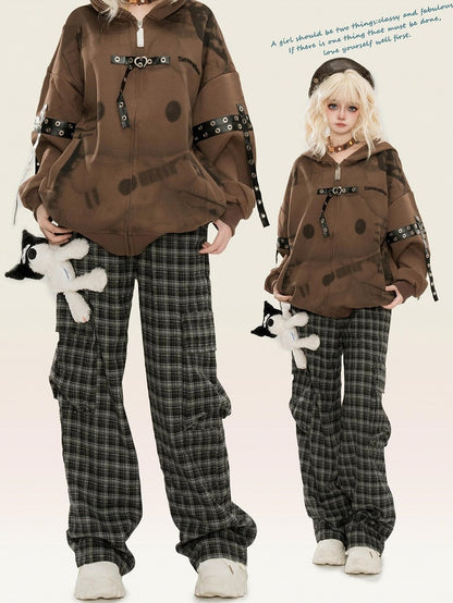 ブラックチェック柄カーゴポケットデザインストレートレッグカットパンツ